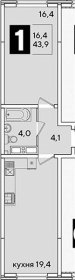 1-к квартира, 43.90м2