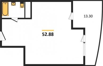 1-к квартира, 52.88м2