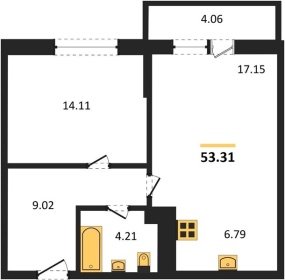 1-к квартира, 53.31м2