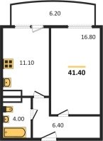 1-к квартира, 41.40м2
