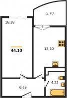 1-к квартира, 44.10м2