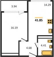 1-к квартира, 41.85м2