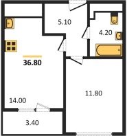 1-к квартира, 36.80м2