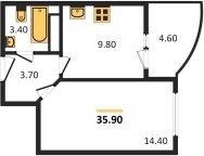 1-к квартира, 35.90м2