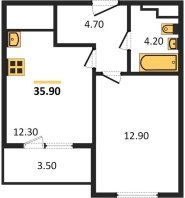 1-к квартира, 35.90м2