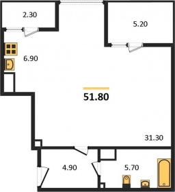 1-к квартира, 51.80м2