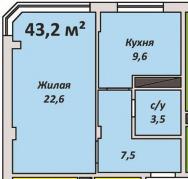 1-к квартира, 43.20м2