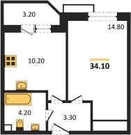 1-к квартира, 34.10м2