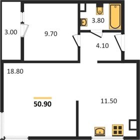 1-к квартира, 50.90м2