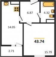 1-к квартира, 43.74м2