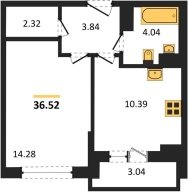 1-к квартира, 36.52м2