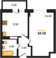 1-к квартира, 34.50м2