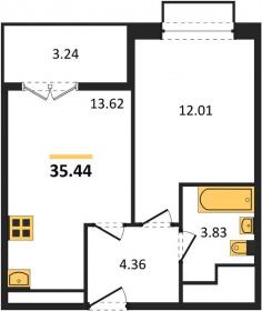 1-к квартира, 35.44м2