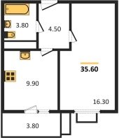 1-к квартира, 35.60м2