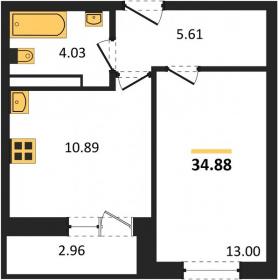 1-к квартира, 34.88м2