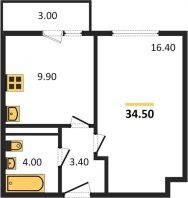 1-к квартира, 34.50м2