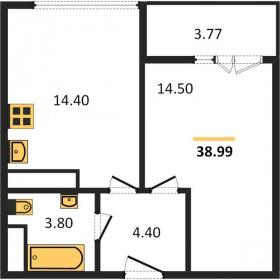 1-к квартира, 37.39м2