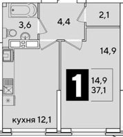 1-к квартира, 37.10м2