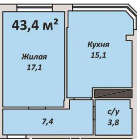 1-к квартира, 43.40м2