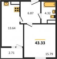 1-к квартира, 43.33м2