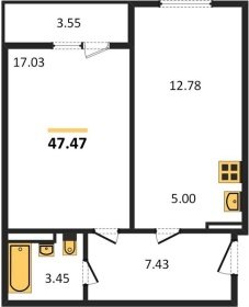 1-к квартира, 47.47м2