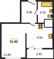 1-к квартира, 31.40м2