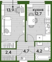 1-к квартира, 37.90м2