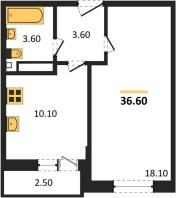 1-к квартира, 36.60м2
