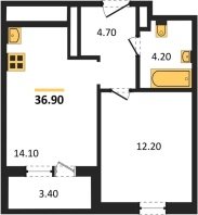 1-к квартира, 36.90м2