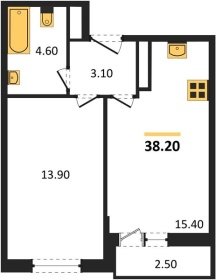 1-к квартира, 38.20м2
