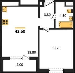 1-к квартира, 42.60м2
