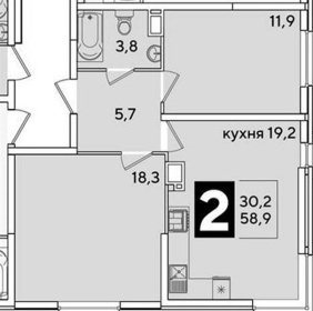 2-к квартира, 58.90м2