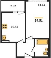 1-к квартира, 34.51м2