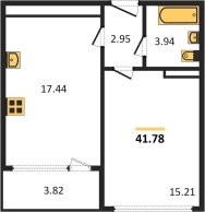 1-к квартира, 41.78м2