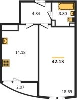 1-к квартира, 42.13м2