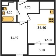 1-к квартира, 34.40м2