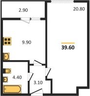 1-к квартира, 39.60м2