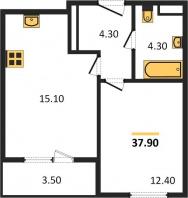 1-к квартира, 37.90м2