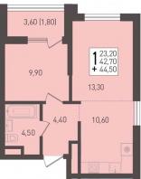 1-к квартира, 44.50м2