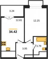 1-к квартира, 34.42м2