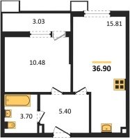 1-к квартира, 36.90м2