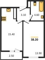 1-к квартира, 38.20м2