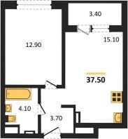 1-к квартира, 37.50м2