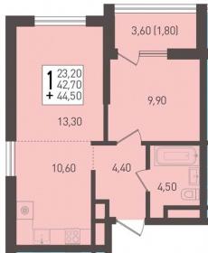1-к квартира, 44.50м2