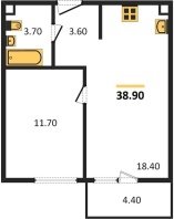 1-к квартира, 38.90м2