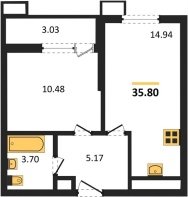 1-к квартира, 35.80м2