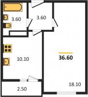 1-к квартира, 36.60м2