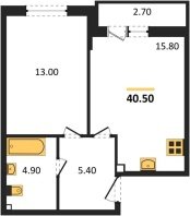 1-к квартира, 40.50м2