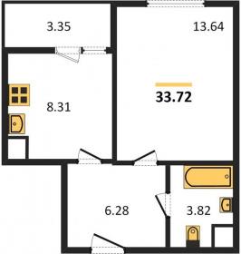 1-к квартира, 33.72м2