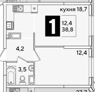 1-к квартира, 38.80м2
